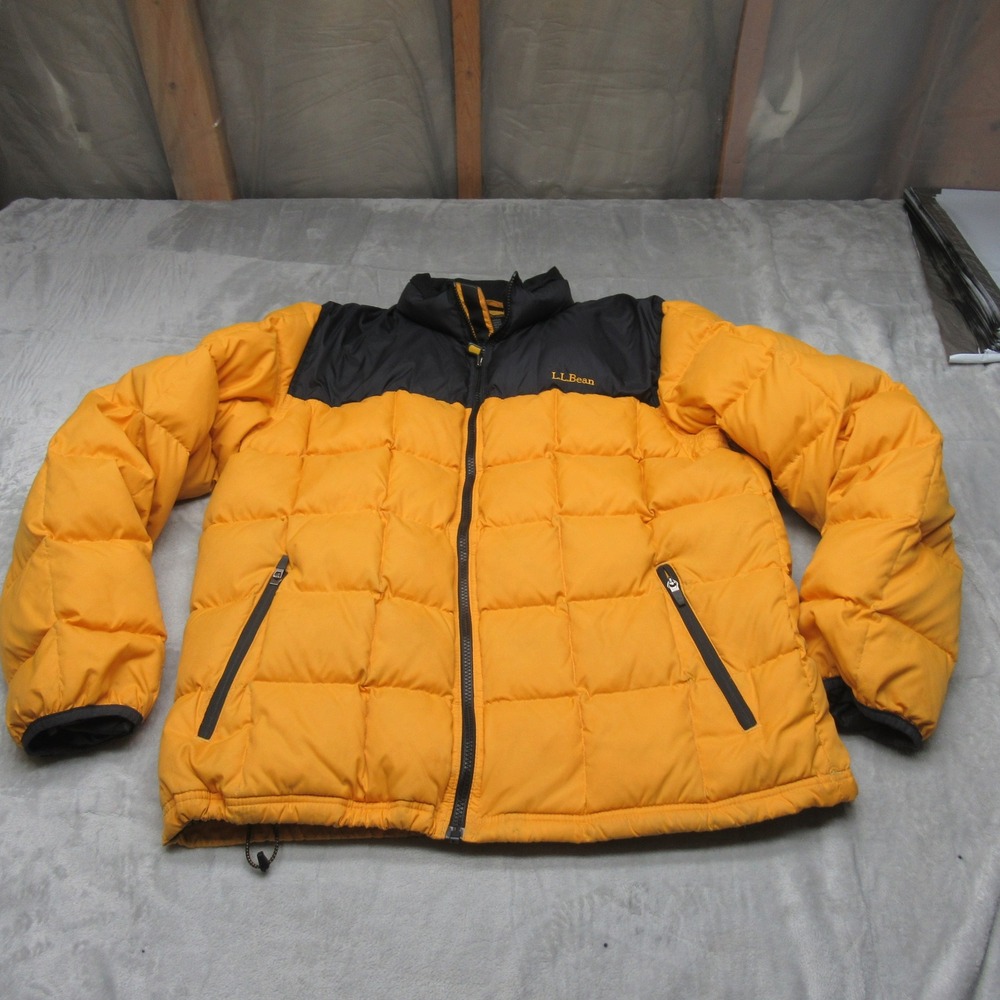 LL Bean Down Jacket Mens Large Yellow‎ Quilted Insulated Puff Nylon Rain Wind